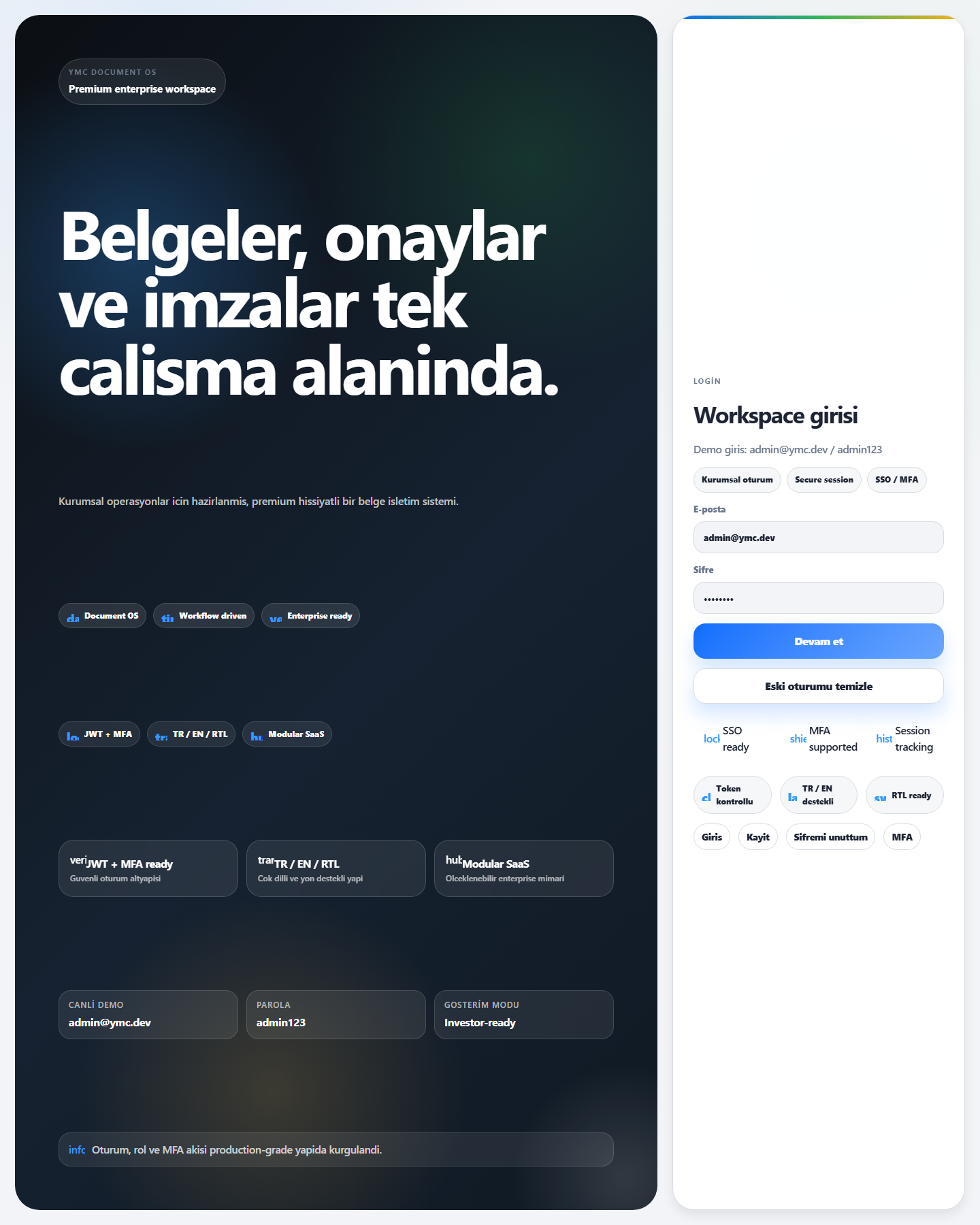 YMC DMS — Giriş & Kimlik Doğrulama — Premium tasarım, çok katmanlı güvenlik ve SSO entegrasyonu